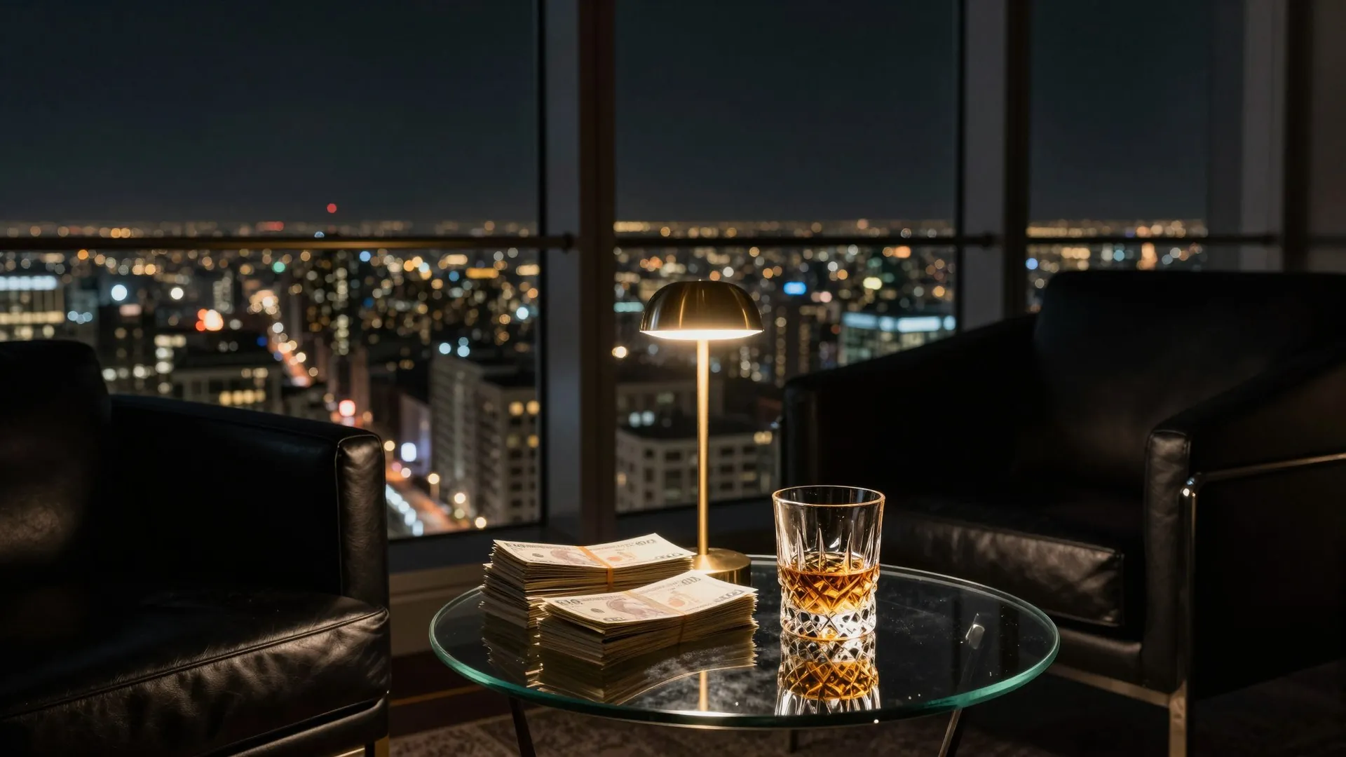 A penthouse at night with a view over the city, cash and a glass of whisky on a glass table
