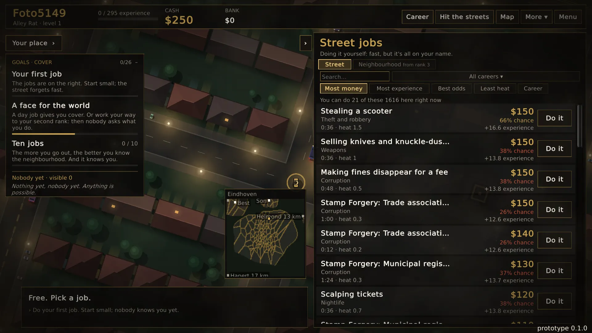 The game at night: your real neighbourhood from above, with the list of street jobs on the right